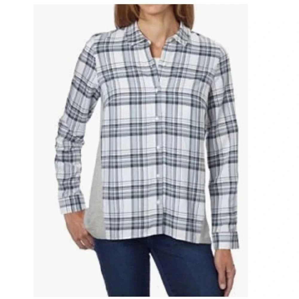 G.H. Bass & Co. Plaid Button Down Shirt Women's Gray White Long Sleeve - Picture 1 of 13
